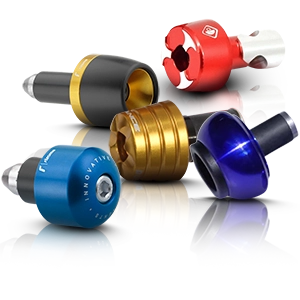 Handlebar ends for motorcycles in various colors and designs made of aluminum.